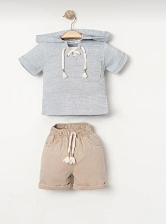 ERKEK BEBEK KAPÜŞON DETAYLI PAMUKLU ŞORTLU 2Lİ TAKIM 