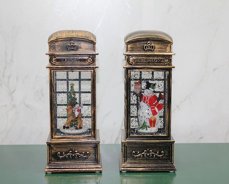 Telefon Kulübesi Tasarımlı Yılbaşı Temalı Işıklı Müzikli Kar Küresi Model 1 