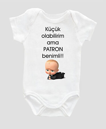 Küçük Olabilirim ama Patron Benimli Bebek Body %100 Pamuklu Beyaz Badi Zıbın Organik Baskılı ZBN002