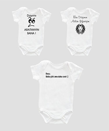 Organik %100 Pamuk Dayı 3'lü Bebek Body Set Beyaz Bebek Badi Zıbın Üçlü ZBN056