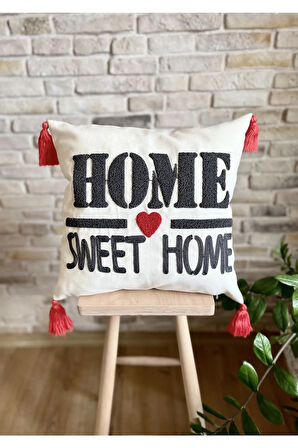 Swita Home Punch Işlemeli Tekli Dekoratif Home Sweet Home Kırlent Kılıfı (PANÇ)
