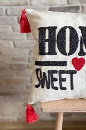 Swita Home Punch Işlemeli Tekli Dekoratif Home Sweet Home Kırlent Kılıfı (PANÇ)