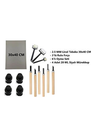 Linol Tabaka Levha 2.5 Mm 30x40 Cm , Siyah Mürekkep , 3'lü Sünger Rulo Merdane , 6'lı Oyma Seti
