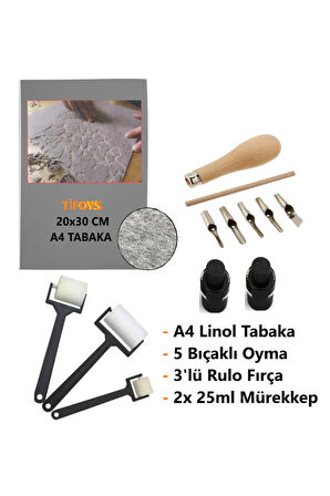 Linol Tabaka Linol Muşamba Levha 2.5 Mm 20x30 Cm 3'lü Sünger Rulo Merdane 5'li Oyma Seti Baskı