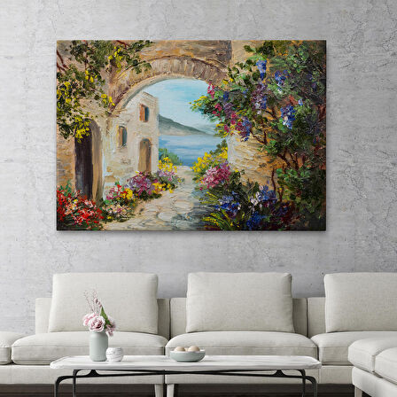 Harita Sepeti Deniz Yakınında Ev, Renkli Çiçekler, Deniz Manzaralı Kanvas Duvar Tablosu-1111