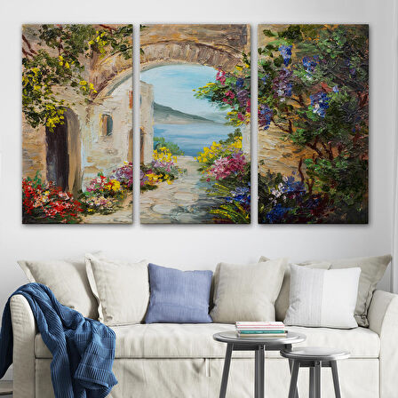 Harita Sepeti Deniz Yakınında Ev, Renkli Çiçekler, Deniz Manzaralı Kanvas Duvar Tablosu-1111