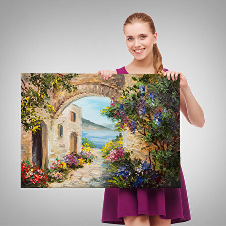 Harita Sepeti Deniz Yakınında Ev, Renkli Çiçekler, Deniz Manzaralı Kanvas Duvar Tablosu-1111