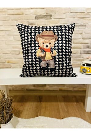 Swita Home Dijital Baskılı Dekoratif Teddy Bear Temalı Raşel Örme Kumaş Kırlent