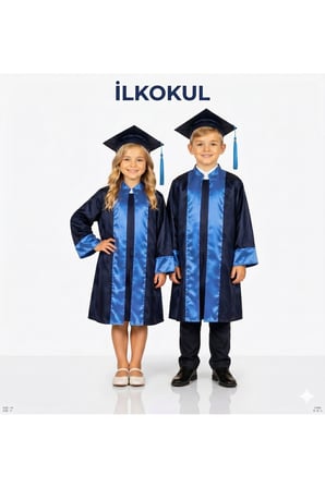İLKOKUL UNISEX Renkli Şeritli Siyah Mezuniyet Cübbesi ve Kep Takımı