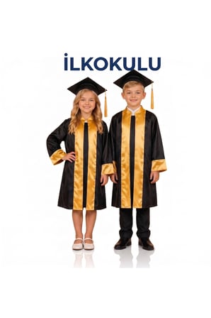 İLKOKUL UNISEX Renkli Şeritli Siyah Mezuniyet Cübbesi ve Kep Takımı