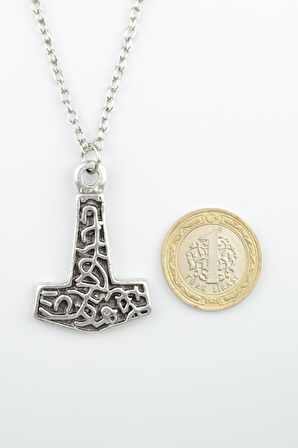 İskandinav Viking Çekiç Erkek Kadın Kolye Antik Gümüş Kaplama - 60 cm Düz Zincir