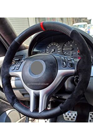 Bmw E90 Uyumlu Direksiyon Kılıfı Alkantara-karbon Kırmızı Yüzüklü