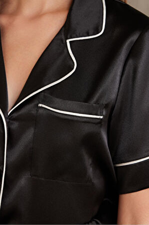 Pierre Cardin Saten Kadın Biyeli Şort Pijama Takımı Siyah 1205