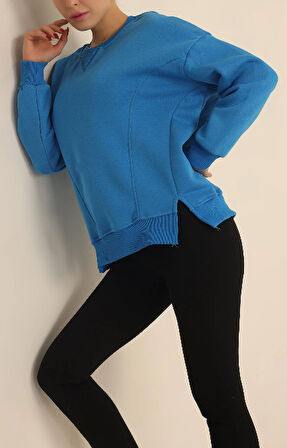 Saks Mavisi - Yırtmaçlı Şardonlu Sweatshirt