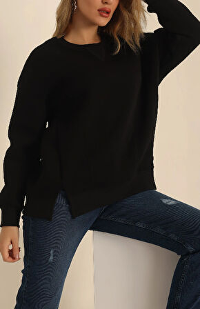 Siyah - Yırtmaçlı Şardonlu Sweatshirt