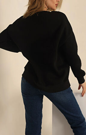 Siyah - Yırtmaçlı Şardonlu Sweatshirt