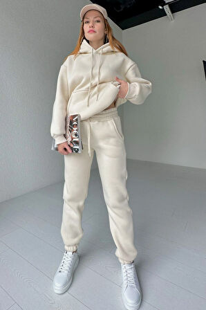 Bej - Şardonlu Kanguru Cep Eşofman Takımı