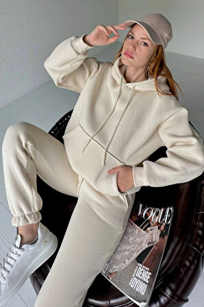 Bej - Şardonlu Kanguru Cep Eşofman Takımı