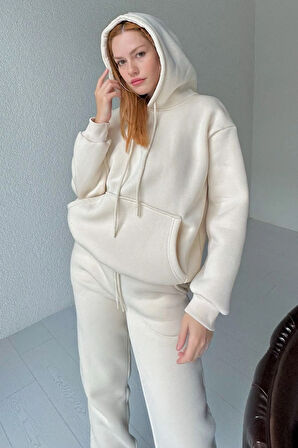 Bej - Şardonlu Kanguru Cep Eşofman Takımı