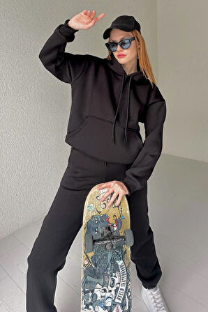 Siyah - Şardonlu Kanguru Cep Eşofman Takımı