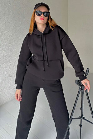 Siyah - Şardonlu Kanguru Cep Eşofman Takımı