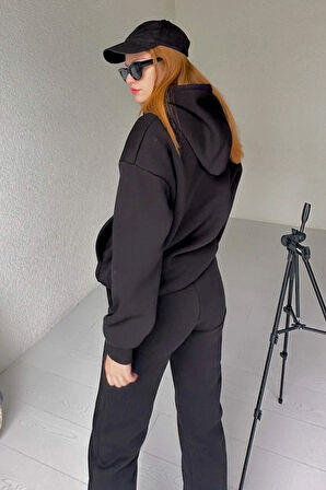 Siyah - Şardonlu Kanguru Cep Eşofman Takımı