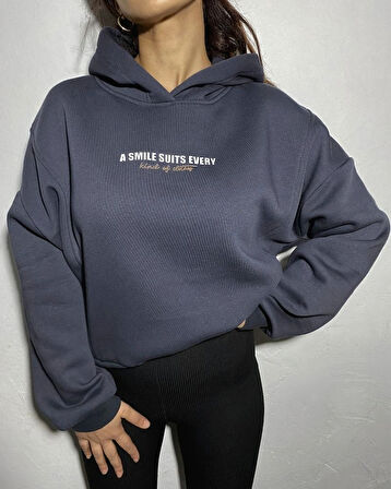 Antrasit - Baskılı Kapüşonlu Sweatshirt