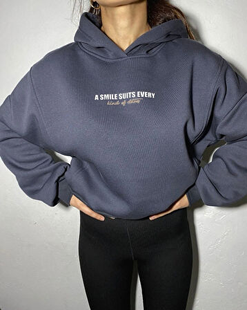 Antrasit - Baskılı Kapüşonlu Sweatshirt