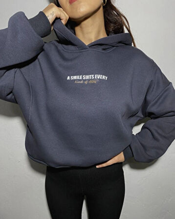 Antrasit - Baskılı Kapüşonlu Sweatshirt