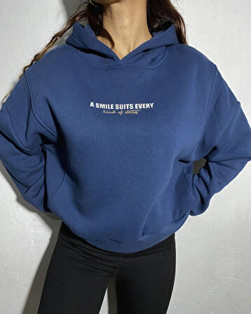 Lacivert - Baskılı Kapüşonlu Sweatshirt