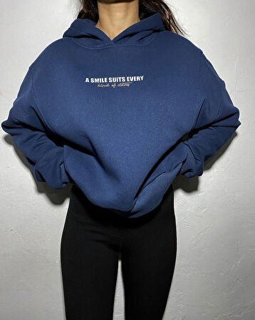 Lacivert - Baskılı Kapüşonlu Sweatshirt