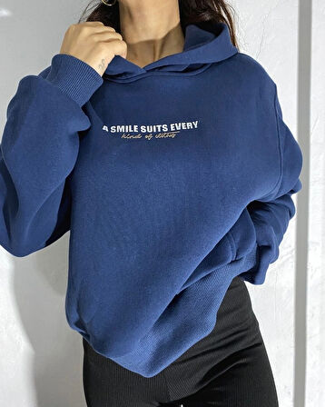 Lacivert - Baskılı Kapüşonlu Sweatshirt