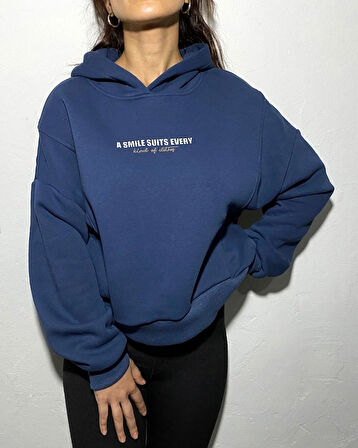Lacivert - Baskılı Kapüşonlu Sweatshirt