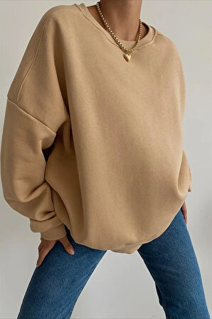 Bej - Bisiklet Yaka Basic Sweatshirt