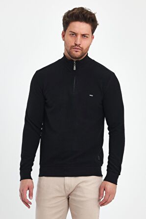 Erkek Siyah Fermuarlı Yarım Balıkçı Yaka Triko Kazak