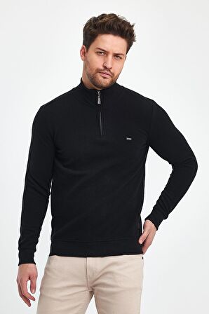 Erkek Siyah Fermuarlı Yarım Balıkçı Yaka Triko Kazak