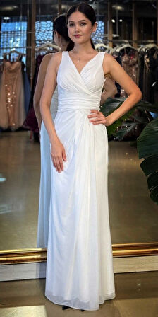 Beyaz V Yaka Kalın Askı Anvelop Yırtmaçlı Düz Kesim Likralı Tül Uzun Abiye Elbise 11123-01