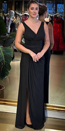 Siyah V Yaka Kalın Askı Anvelop Yırtmaçlı Düz Kesim Likralı Tül Uzun Abiye Elbise 11123-05