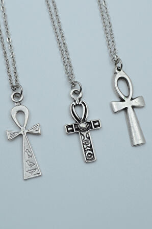 3'lü Antik Mısır Sembolü Ankh Anahtarı Gümüş Kaplama Kolye Seti