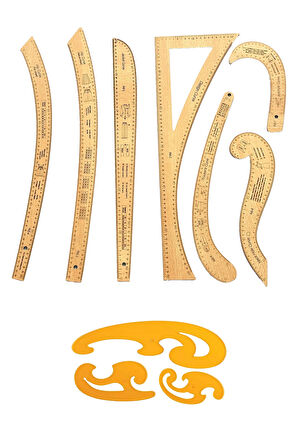 Kayın Renk Fransız 7 Parça Modelist Kalıp Çizim Seti – Gönye & Pistole / Pantolon, Ceket, Etek, Yaka