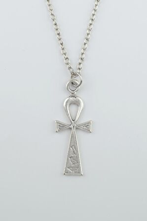 Sembollü Ankh Anahtarı - Nil'in Anahtarı Erkek Kadın Kolye Antik Gümüş Kaplama - 60 cm Düz Zincir