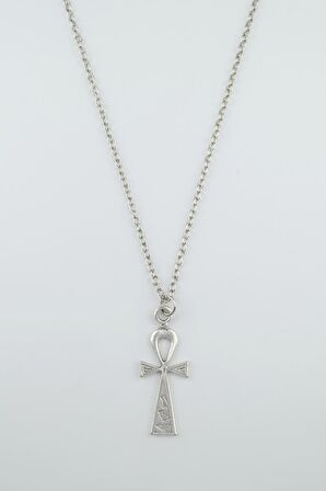 Sembollü Ankh Anahtarı - Nil'in Anahtarı Erkek Kadın Kolye Antik Gümüş Kaplama - 60 cm Düz Zincir