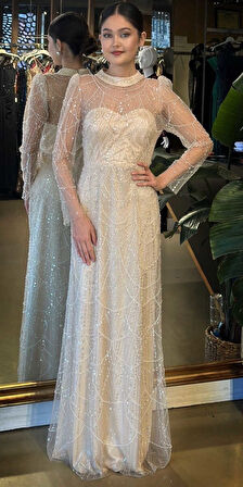 Bej Yuvarlak Yaka Uzun Kollu Düz Kesim  Pullu Boncuklu Uzun Abiye Elbise 11130-03