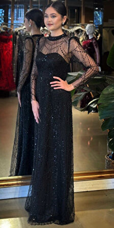 Siyah Yuvarlak Yaka Uzun Kollu Düz Kesim  Pullu Boncuklu Uzun Abiye Elbise 11130-02