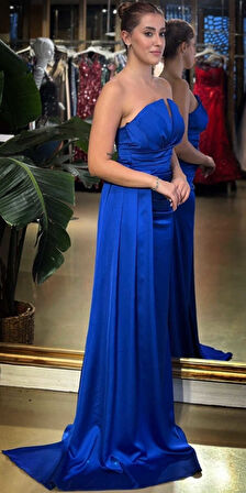 Saks Straplez Yaka  Sırt Dekolteli Düz Kesim Saten Uzun Abiye Elbise 11131-03