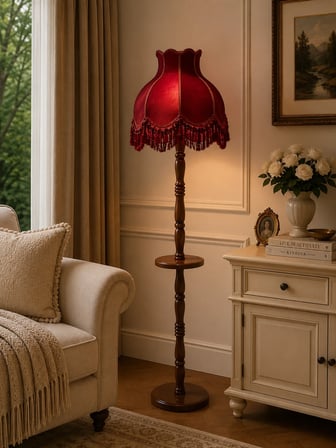 Bordo Kadife Kaplı Püsküllü Başlık Doğal Ahşap Sehpalı Ayaklı Vintage Lambader 170x45cm