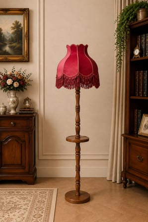 Bordo Kadife Kaplı Püsküllü Başlık Doğal Ahşap Sehpalı Ayaklı Vintage Lambader 170x45cm