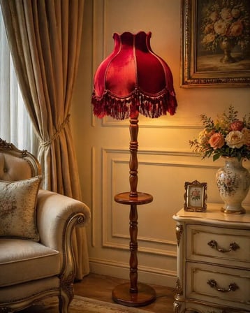 Bordo Kadife Kaplı Püsküllü Başlık Doğal Ahşap Sehpalı Ayaklı Vintage Lambader 170x45cm