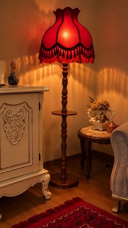 Bordo Kadife Kaplı Püsküllü Başlık Doğal Ahşap Sehpalı Ayaklı Vintage Lambader 170x45cm