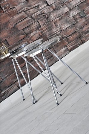 Gümüş Metal Ayaklı Mermer Desenli 3'lü Zigon Sehpa Takımı